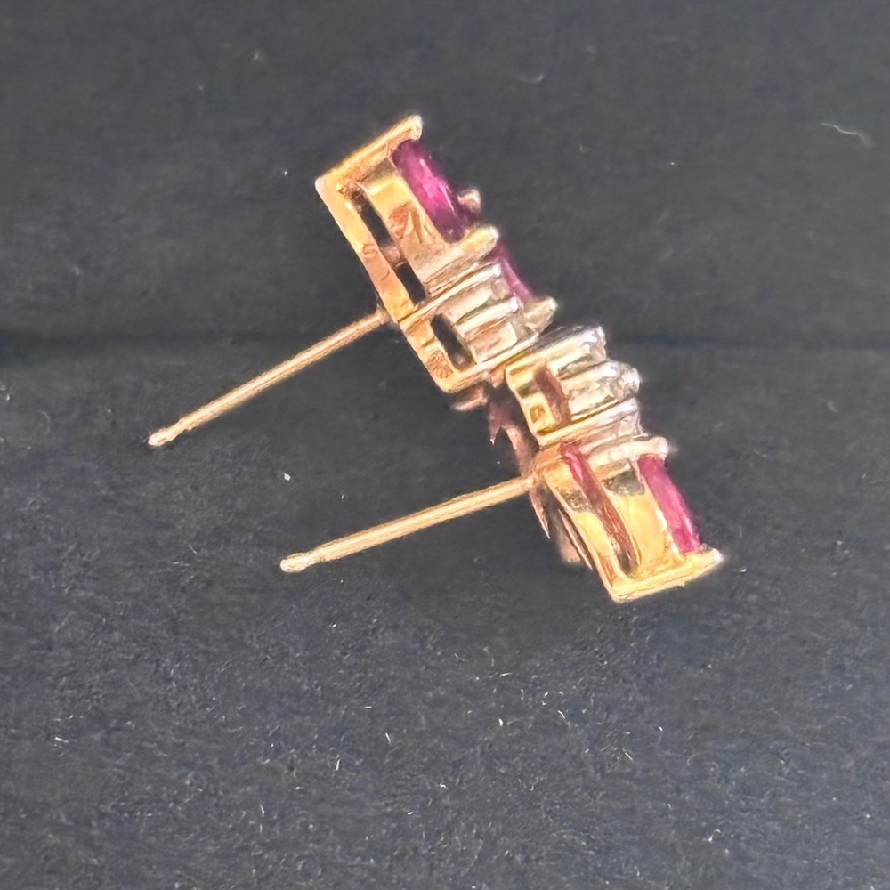 Genuine Vintage '80s 14K Gold Ruby Diamond Marquise Wing Cluster Stud Earrings - Picture 5 of 6